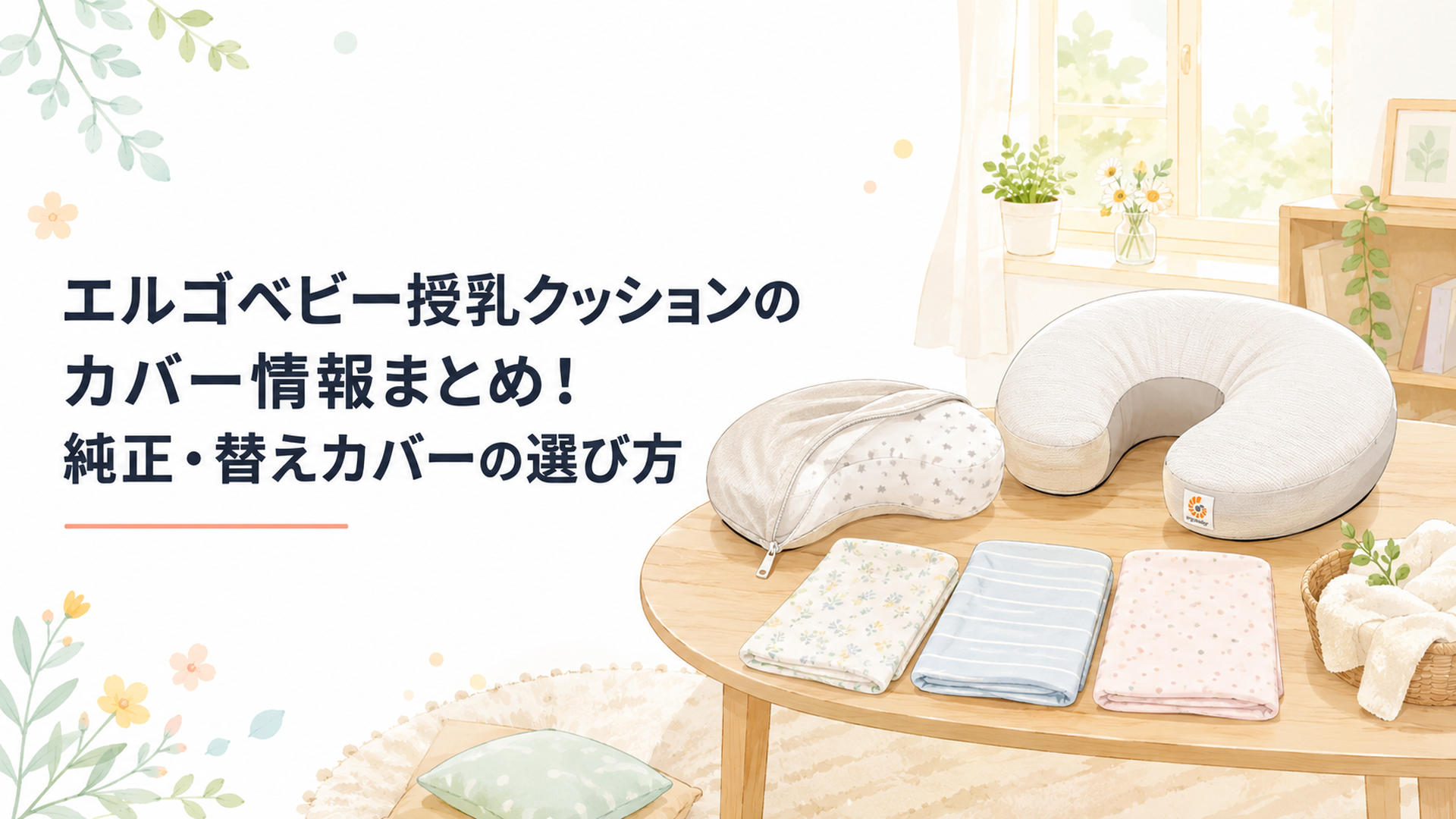 エルゴベビーの授乳クッションと取り外したカバー、洗い替え用カバー候補を明るい室内に並べている様子