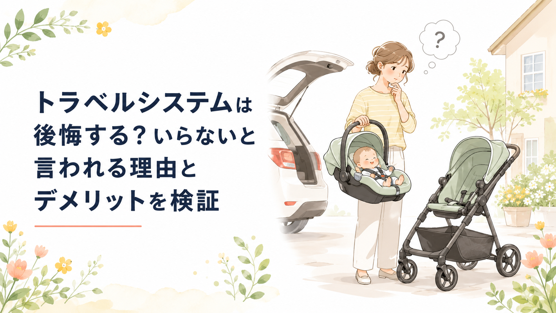 赤ちゃんを乗せたベビーシートを車からベビーカーへ付け替えながら購入を迷う母親