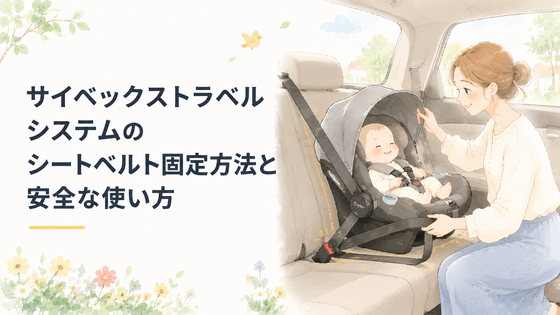 サイベックスのベビーシートを車の後部座席にシートベルトで固定している親子向けのイメージ