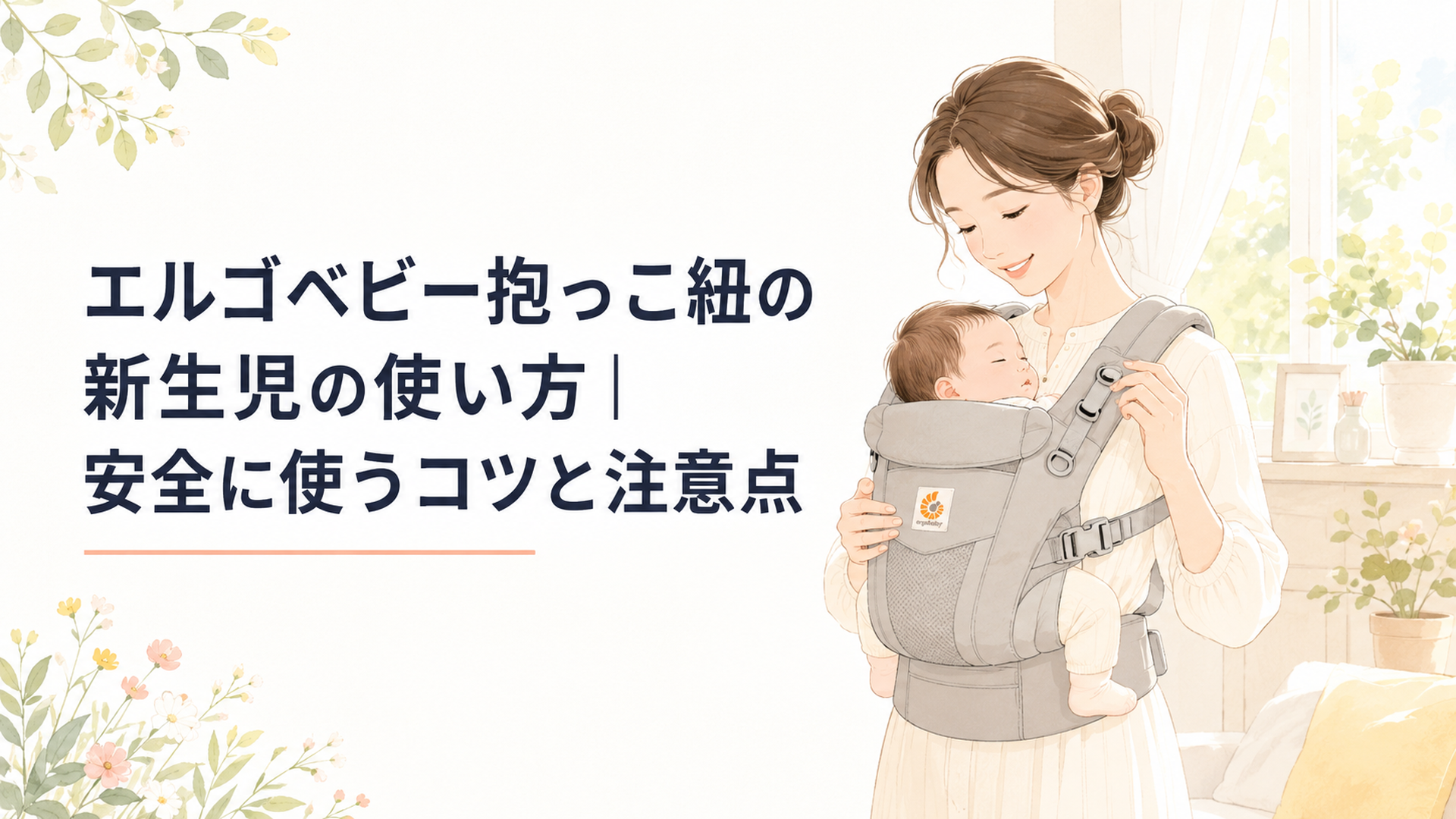 明るい室内で新生児をエルゴベビーの抱っこ紐に安全な対面抱きで装着する母親