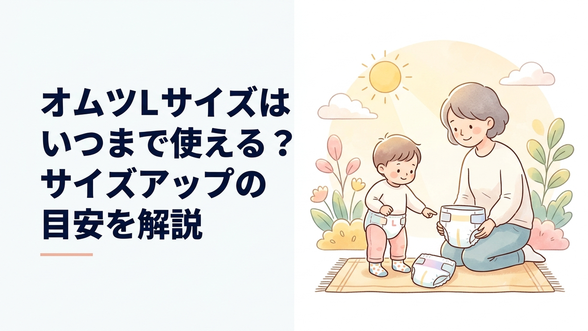 Lサイズとビッグサイズのオムツを並べてサイズアップを考える親子
