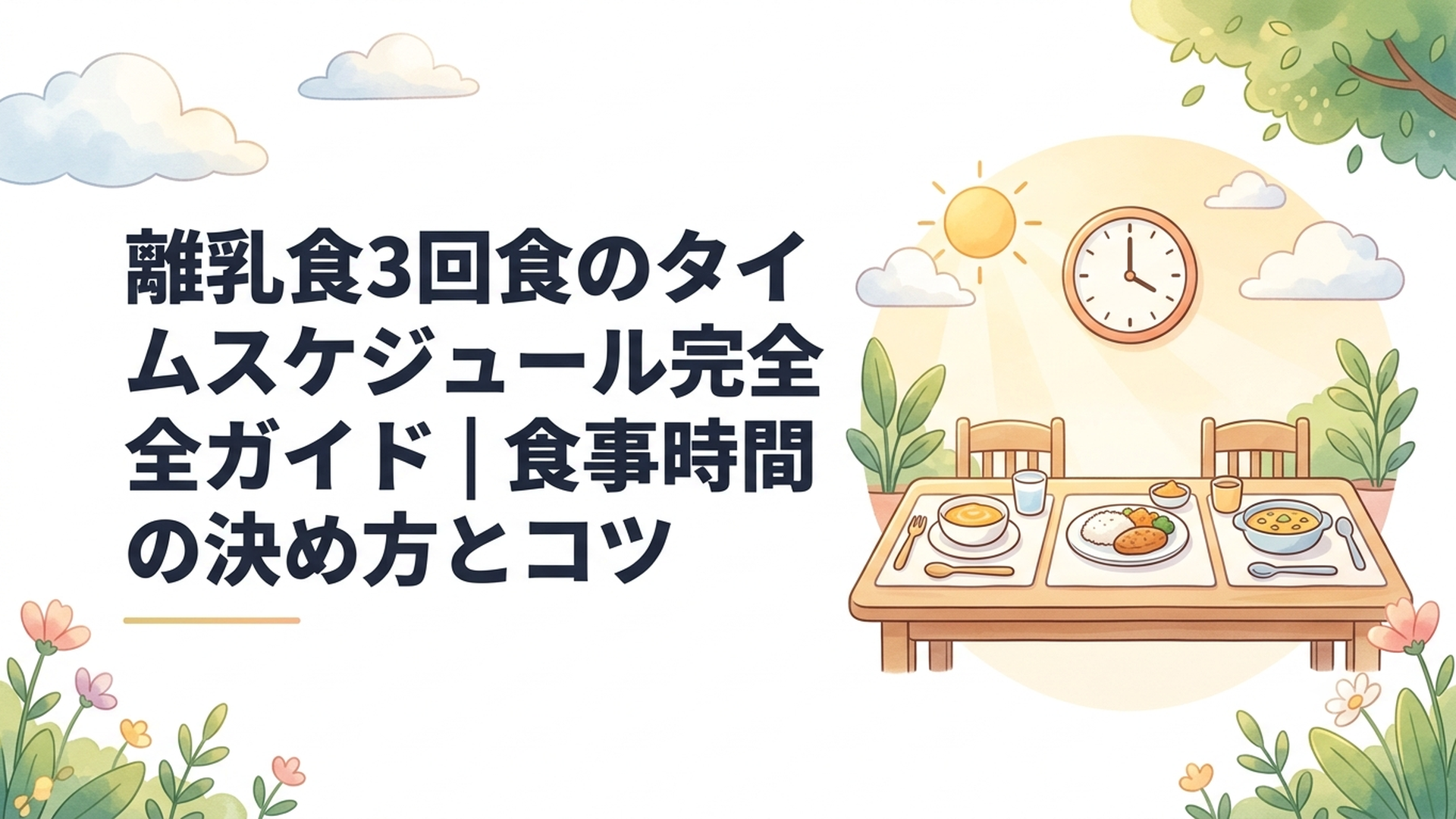 時計と朝昼夕の離乳食が並んだ明るい食卓