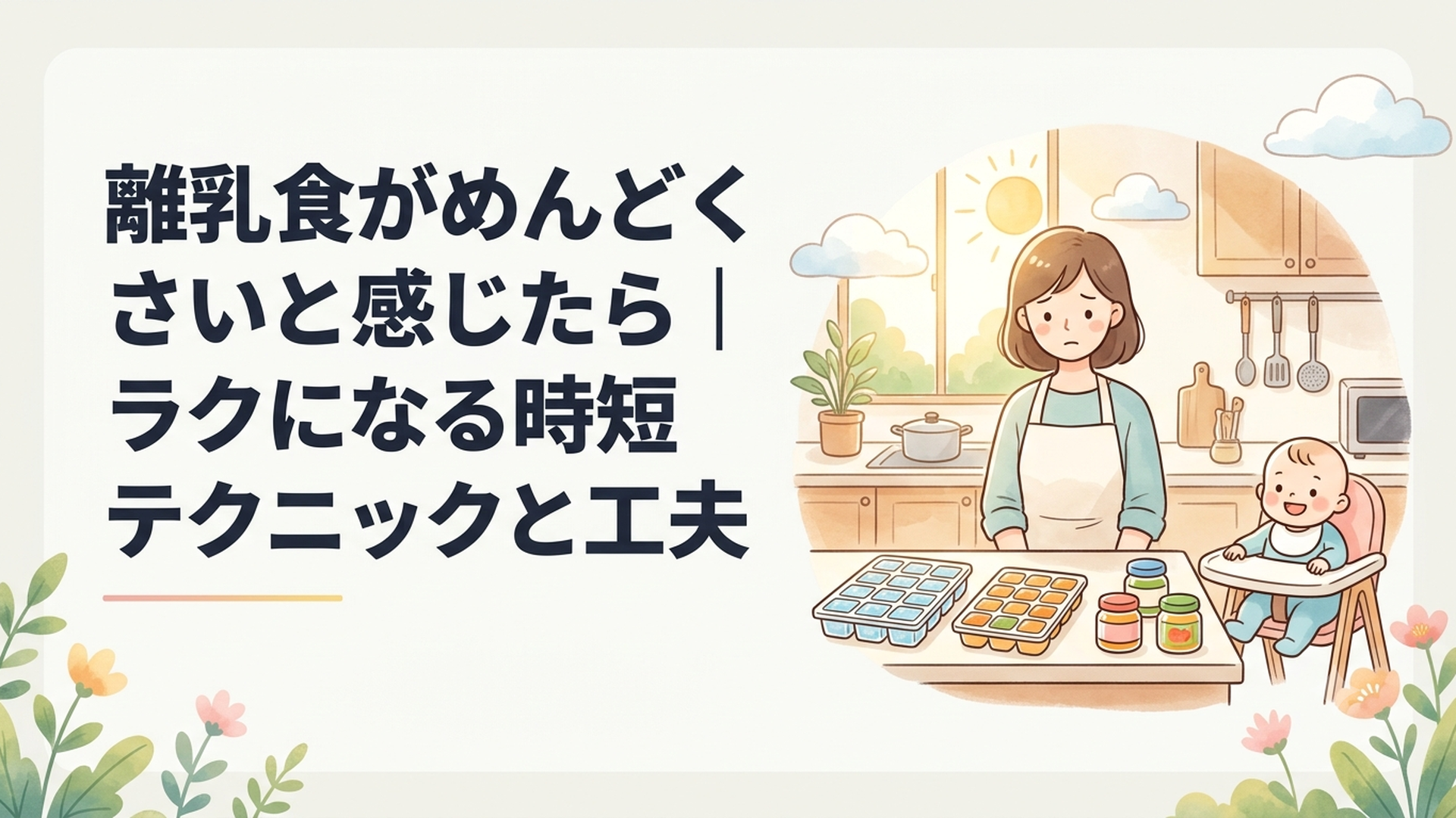 離乳食作りに疲れた母親のそばに冷凍ストックとベビーフードが並ぶキッチン