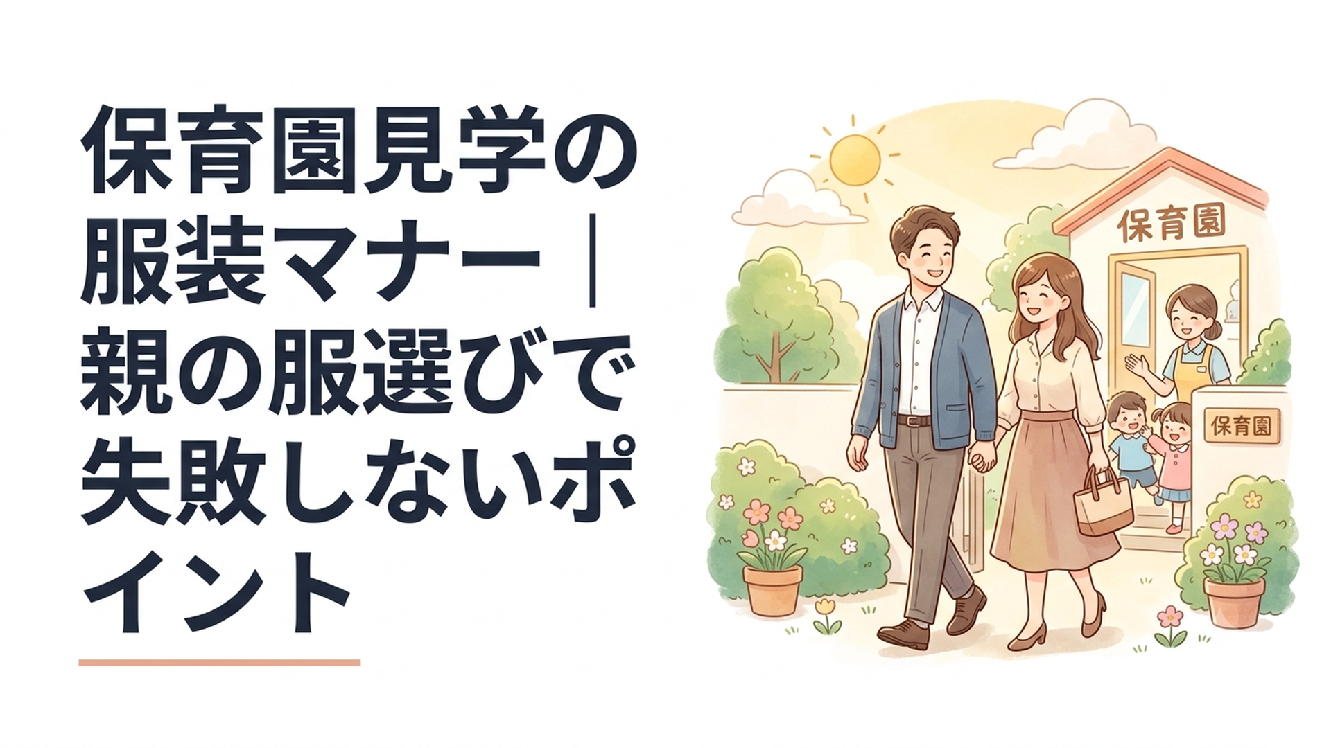 きれいめカジュアルな服装で保育園を見学するママとパパ