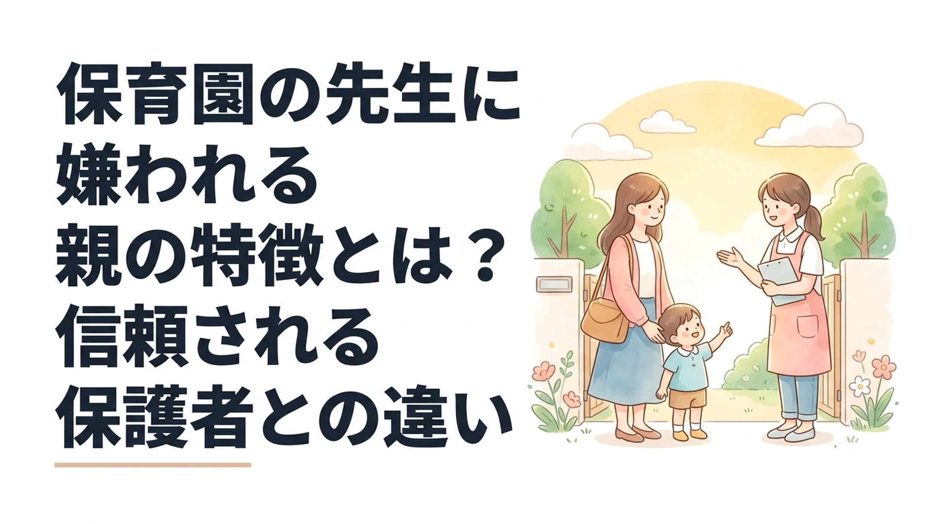 保育園の玄関で先生と落ち着いて話す母親と子ども