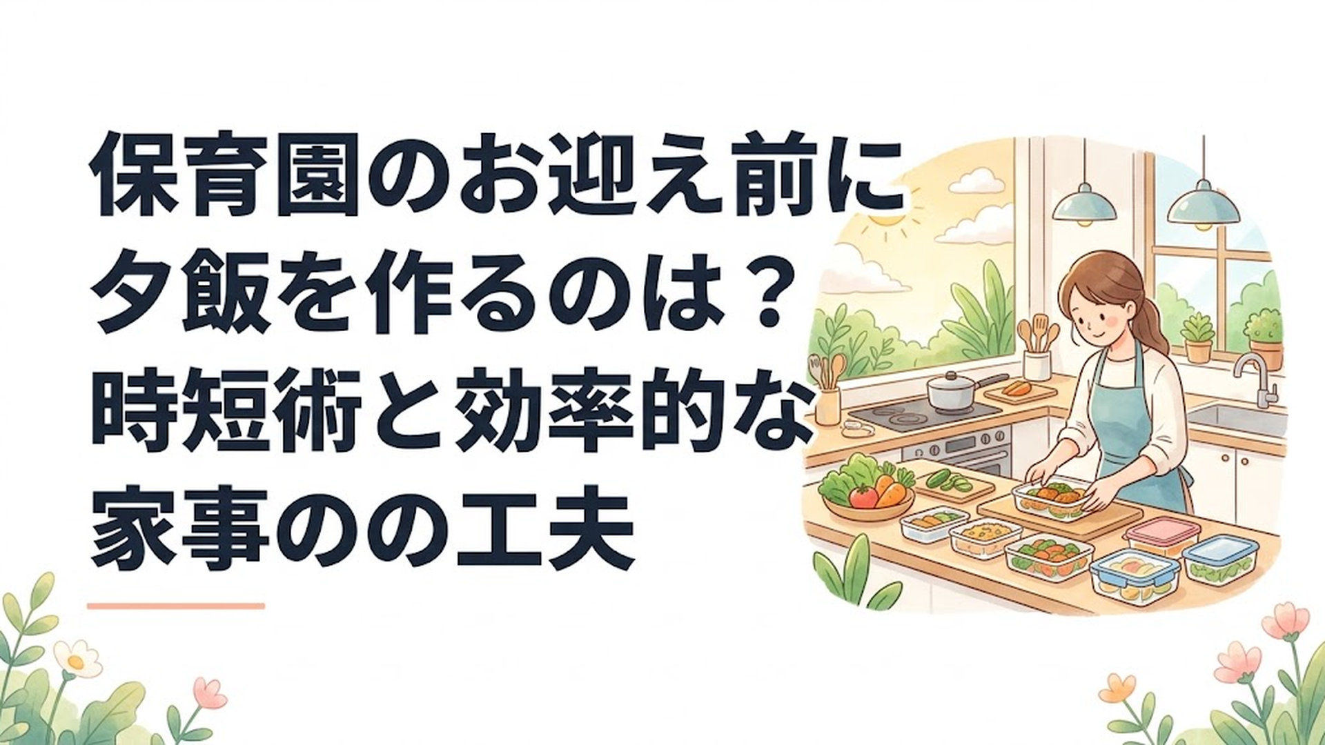 保育園のお迎え前に夕飯を準備し、保存容器に料理を並べる家庭のキッチン