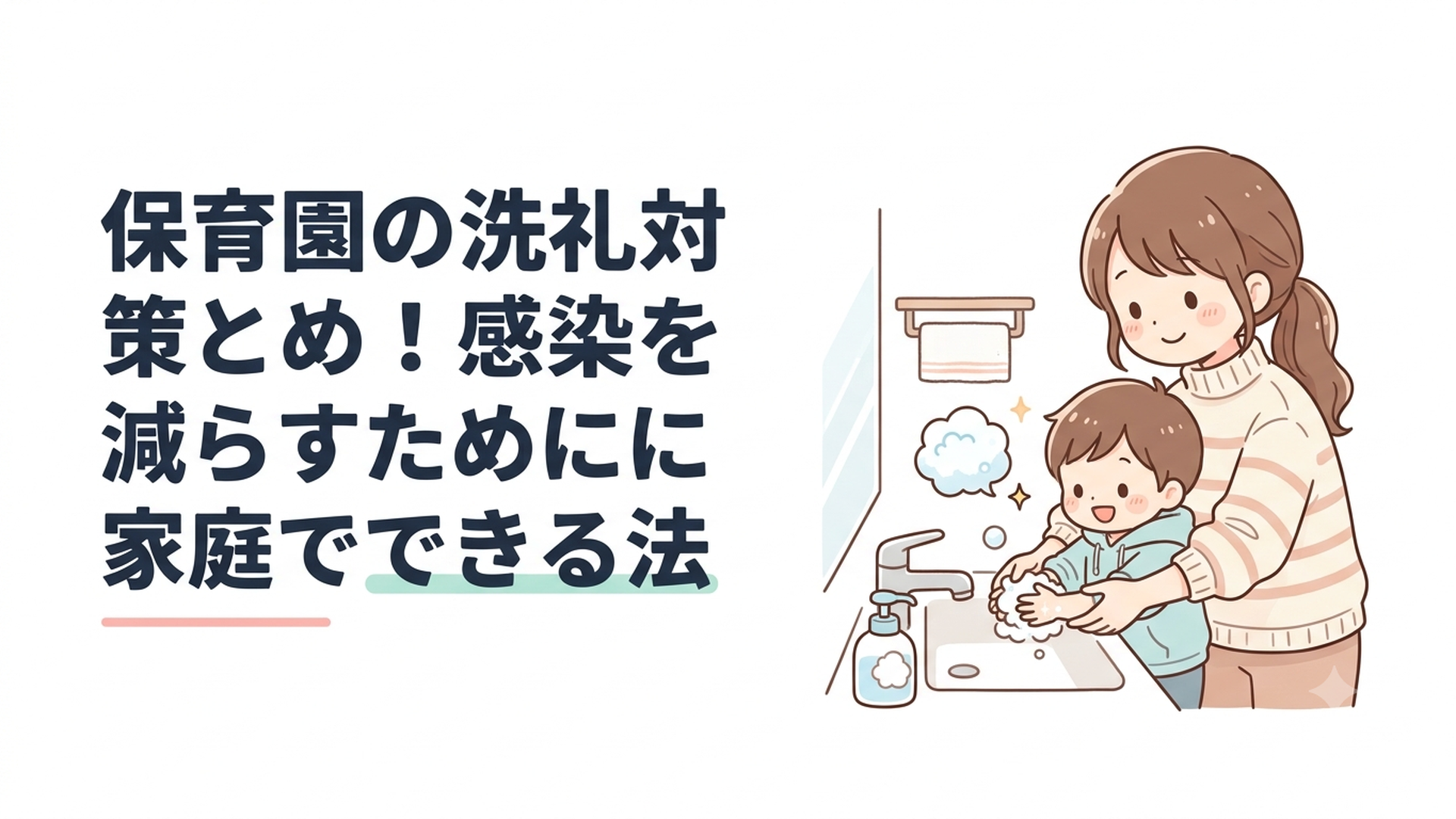 保育園から帰宅した子どもと一緒に石けんで手を洗う母親